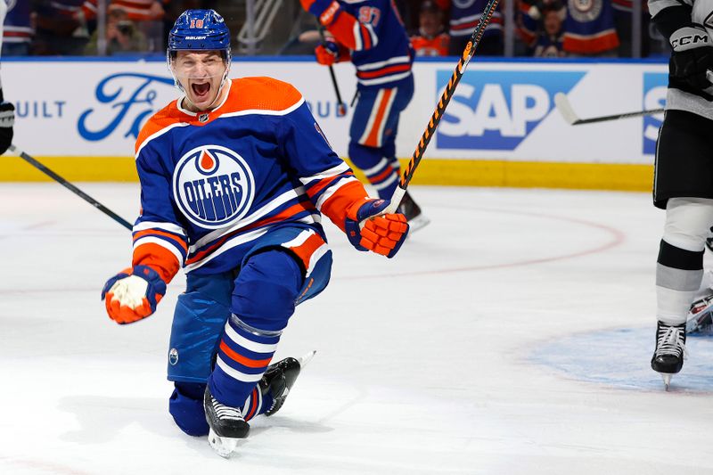 Apr 22, 2024; Edmonton, Alberta, CAN; Edmonton Oilers forward Zach Hyman (18) celebrates after scoring a goal during the first period against the Los Angeles Kings in game one of the first round of the 2024 Stanley Cup Playoffs at Rogers Place. Mandatory Credit: Perry Nelson-USA TODAY Sports