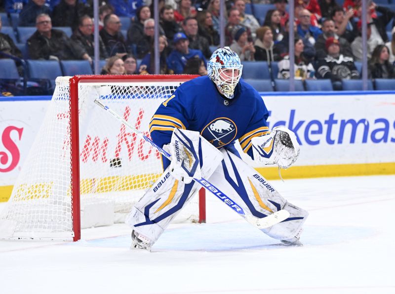 Nov 21, 2025; Buffalo, New York, USA; Buffalo Sabres goaltender Ukko-Pekka Luukkonen (1) guards the net against the Chicago Blackhawks in the third period at KeyBank Center. Mandatory Credit: Mark Konezny-Imagn Images