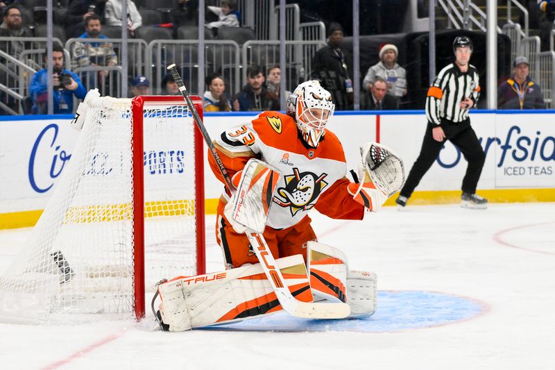 Dec 1, 2025; St. Louis, Missouri, USA; Anaheim Ducks goaltender Ville Husso (33) defends the net against the St. Louis Blues during the second period at Enterprise Center. Mandatory Credit: Jeff Curry-Imagn Images