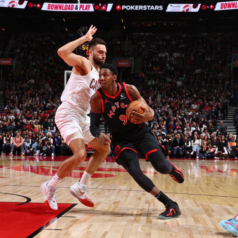 TORONTO, CANADA - FEBRUARY 10: RJ Barrett #9 of the Toronto Raptors drives to the basket during the game against the Cleveland Cavaliers on February 10, 2024 at the Scotiabank Arena in Toronto, Ontario, Canada.  NOTE TO USER: User expressly acknowledges and agrees that, by downloading and or using this Photograph, user is consenting to the terms and conditions of the Getty Images License Agreement.  Mandatory Copyright Notice: Copyright 2024 NBAE (Photo by Vaughn Ridley/NBAE via Getty Images)