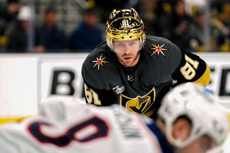 Mar 19, 2023; Las Vegas, Nevada, USA; Vegas Golden Knights center Jonathan Marchessault (81) plays against the Columbus Blue Jackets during the second period at T-Mobile Arena. Mandatory Credit: Lucas Peltier-USA TODAY Sports