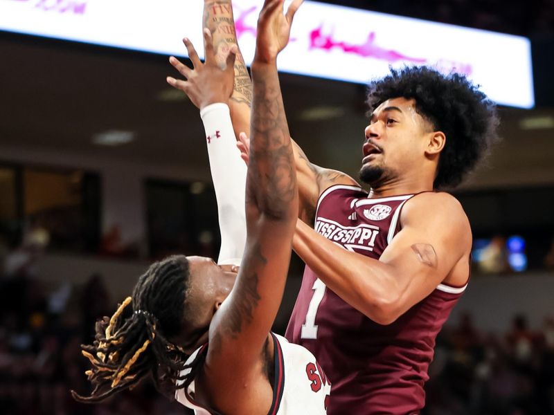 Jan 6, 2024; Columbia, South Carolina, USA; Mississippi State Bulldogs forward Tolu Smith (1) shoots over South Carolina Gamecocks forward B.J. Mack (2) in the second half at Colonial Life Arena. Mandatory Credit: Jeff Blake-USA TODAY Sports