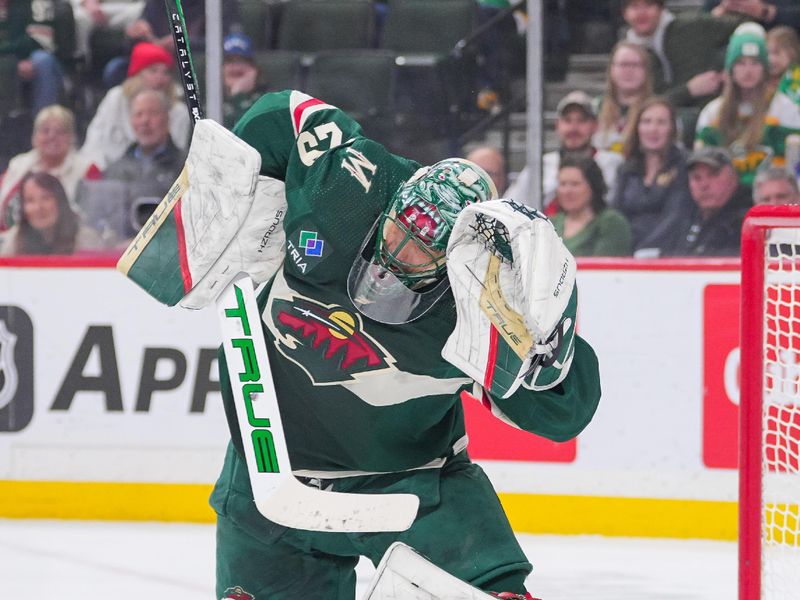 Apr 2, 2024; Saint Paul, Minnesota, USA; Minnesota Wild goaltender Marc-Andre Fleury (29) makes a save against the Ottawa Senators in the first period at Xcel Energy Center. Mandatory Credit: Brad Rempel-USA TODAY Sports