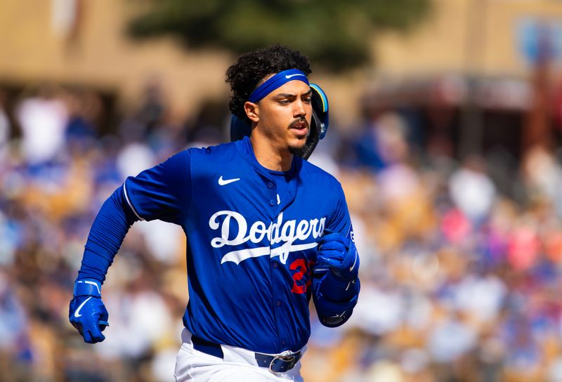 Feb 23, 2024; Phoenix, Arizona, USA; Los Angeles Dodgers outfielder Miguel Vargas against the San Diego Padres during a spring training game at Camelback Ranch-Glendale. Mandatory Credit: Mark J. Rebilas-USA TODAY Sports