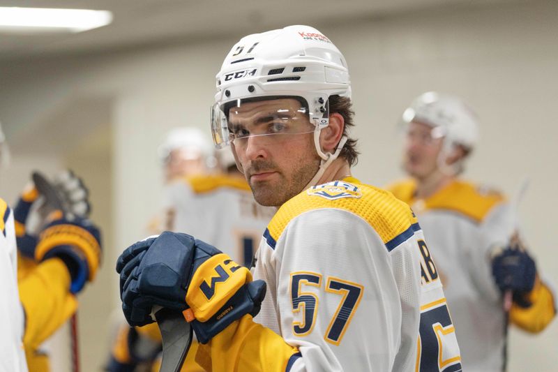 Feb 24, 2024; San Jose, California, USA; Nashville Predators defenseman Dante Fabbro (57) before the start of the first period against the San Jose Sharks at SAP Center at San Jose. Mandatory Credit: Stan Szeto-USA TODAY Sports