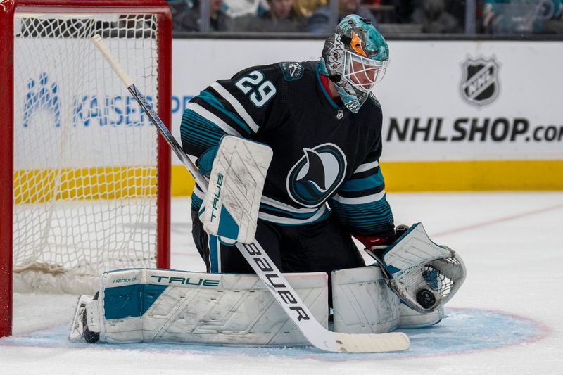 Feb 19, 2024; San Jose, California, USA; San Jose Sharks goalie Mackenzie Blackwood (29) makes a save against the Vegas Golden Knights during the third period at SAP Center at San Jose. Mandatory Credit: Neville E. Guard-USA TODAY Sports