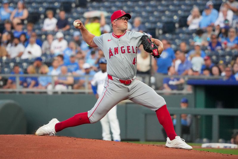 Aug 19, 2024; Kansas City, Missouri, USA; Los Angeles Angels starting pitcher Carson Fulmer (41) delivers a pitch against the Kansas City Royals in the first inning at Kauffman Stadium. Mandatory Credit: Denny Medley-USA TODAY Sports