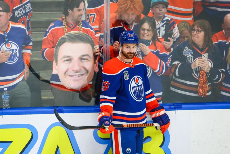 Jun 15, 2024; Edmonton, Alberta, CAN; Edmonton Oilers left wing Zach Hyman (18) during the warmup period against the Florida Panthers in game four of the 2024 Stanley Cup Final at Rogers Place. Mandatory Credit: Sergei Belski-USA TODAY Sports