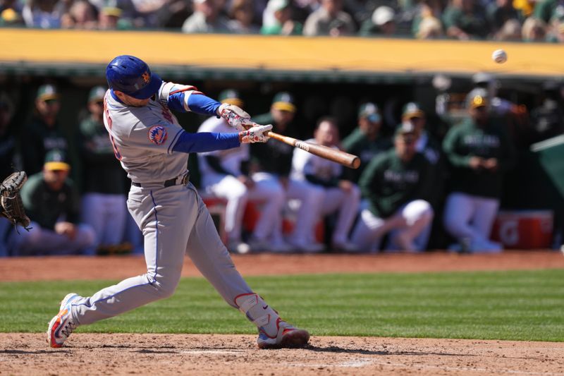 Apr 16, 2023; Oakland, California, USA; New York Mets first baseman Pete Alonso (20) hits a home run against the Oakland Athletics during the ninth inning at RingCentral Coliseum. Mandatory Credit: Darren Yamashita-USA TODAY Sports