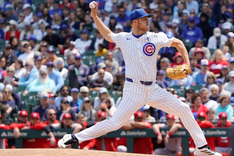 Jun 1, 2025; Chicago, Illinois, USA; Chicago Cubs pitcher Jameson Taillon (50) throws the ball against the Cincinnati Reds during the first inning at Wrigley Field. Mandatory Credit: David Banks-Imagn Images