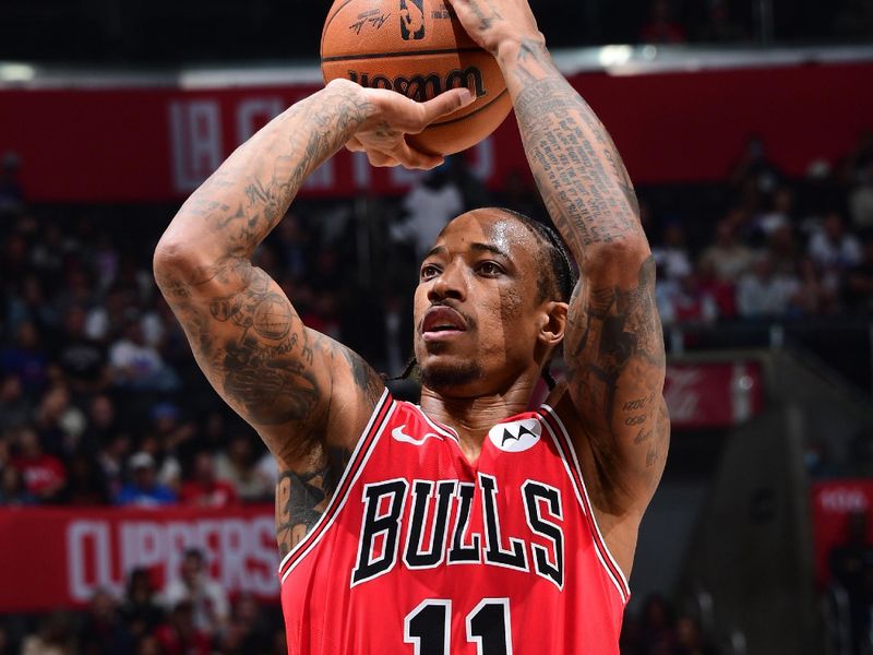 LOS ANGELES, CA - MARCH 9: DeMar DeRozan #11 of the Chicago Bulls shoots a free throw during the game against the LA Clippers on March 9, 2024 at Crypto.Com Arena in Los Angeles, California. NOTE TO USER: User expressly acknowledges and agrees that, by downloading and/or using this Photograph, user is consenting to the terms and conditions of the Getty Images License Agreement. Mandatory Copyright Notice: Copyright 2024 NBAE (Photo by Adam Pantozzi/NBAE via Getty Images)