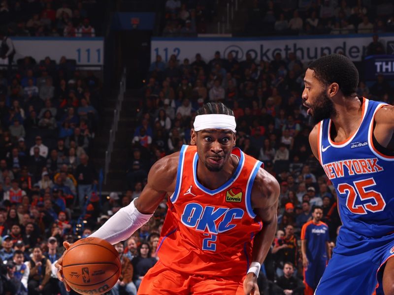 OKLAHOMA CITY, OK - JANUARY 3:  Shai Gilgeous-Alexander #2 of the Oklahoma City Thunder dribbles the ball during the game against the New York Knicks on January 3, 2025 at Paycom Center in Oklahoma City, Oklahoma. NOTE TO USER: User expressly acknowledges and agrees that, by downloading and or using this photograph, User is consenting to the terms and conditions of the Getty Images License Agreement. Mandatory Copyright Notice: Copyright 2025 NBAE (Photo by Zach Beeker/NBAE via Getty Images)