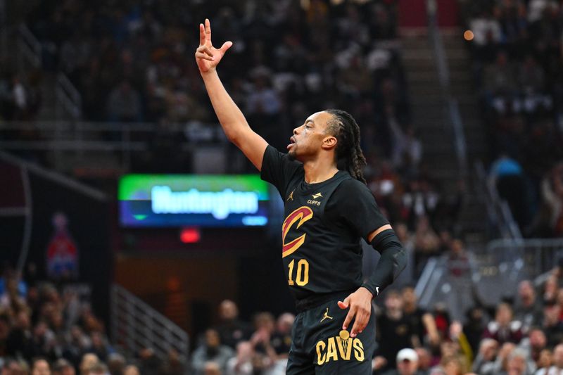 CLEVELAND, OHIO - NOVEMBER 15: Darius Garland #10 of the Cleveland Cavaliers celebrates after scoring during the first quarter of the Emirates NBA Cup game against the Chicago Bulls at Rocket Mortgage Fieldhouse on November 15, 2024 in Cleveland, Ohio. NOTE TO USER: User expressly acknowledges and agrees that, by downloading and or using this photograph, User is consenting to the terms and conditions of the Getty Images License Agreement. (Photo by Jason Miller/Getty Images)