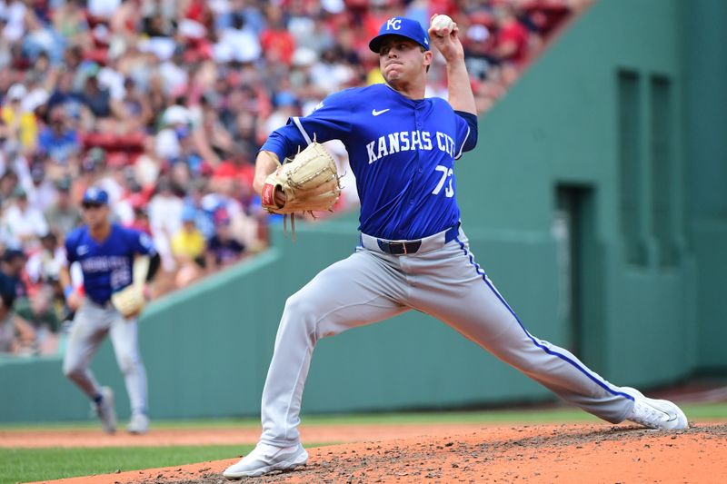 Jul 14, 2024; Boston, Massachusetts, USA;  Kansas City Royals relief pitcher Sam Long (73) pitches during the sixth inning against the Boston Red Sox at Fenway Park. Mandatory Credit: Bob DeChiara-USA TODAY Sports