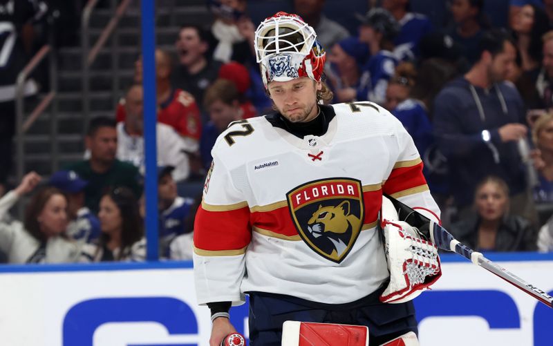 Apr 27, 2024; Tampa, Florida, USA; Florida Panthers goaltender Sergei Bobrovsky (72) looks down against the Tampa Bay Lightning during the first period in game four of the first round of the 2024 Stanley Cup Playoffs at Amalie Arena. Mandatory Credit: Kim Klement Neitzel-USA TODAY Sports