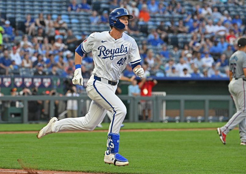Jun 25, 2024; Kansas City, Missouri, USA; Kansas City Royals third baseman CJ Alexander (40) runs to first base in the fourth inning against the Miami Marlins at Kauffman Stadium. Mandatory Credit: Peter Aiken-USA TODAY Sports