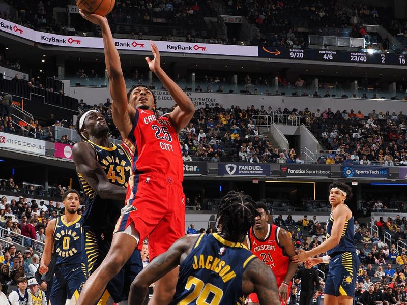 INDIANAPOLIS, IN - NOVEMBER 25: Trey Murphy III #25 of the New Orleans Pelicans drives to the basket during the game against the Indiana Pacers on November 25, 2024 at Gainbridge Fieldhouse in Indianapolis, Indiana. NOTE TO USER: User expressly acknowledges and agrees that, by downloading and or using this Photograph, user is consenting to the terms and conditions of the Getty Images License Agreement. Mandatory Copyright Notice: Copyright 2024 NBAE (Photo by Ron Hoskins/NBAE via Getty Images)