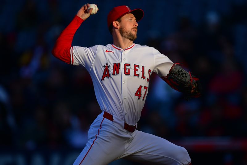 Apr 23, 2024; Anaheim, California, USA; Los Angeles Angels pitcher Griffin Canning (47) throws against the Baltimore Orioles during the first inning at Angel Stadium. Mandatory Credit: Gary A. Vasquez-USA TODAY Sports