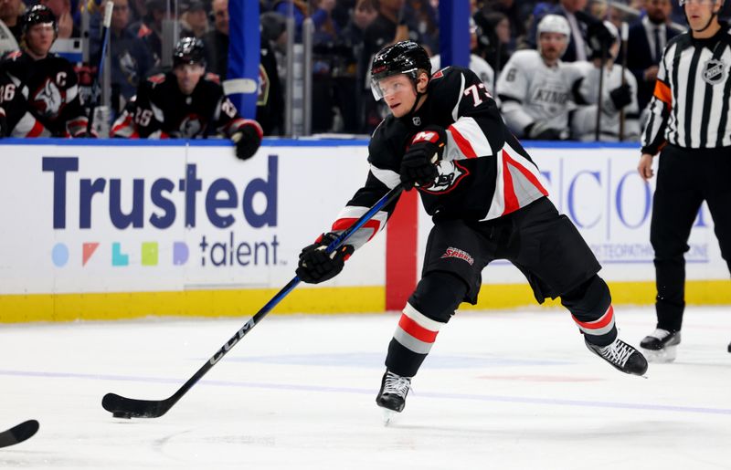 Jan 29, 2026; Buffalo, New York, USA;  Buffalo Sabres defenseman Zach Metsa (73) takes a shot on goal during the second period against the Los Angeles Kings at KeyBank Center. Mandatory Credit: Timothy T. Ludwig-Imagn Images