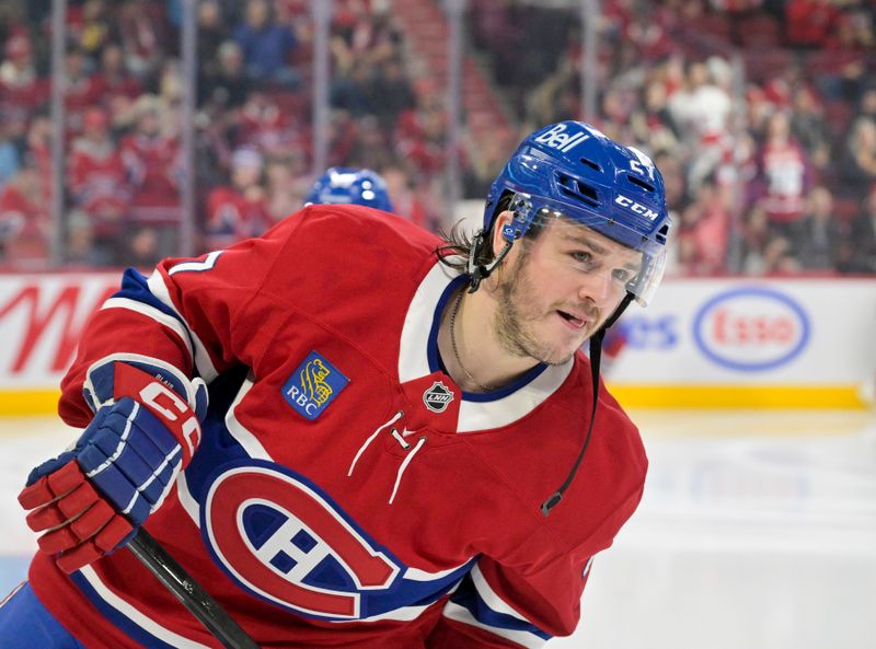Jan 7, 2026; Montreal, Quebec, CAN; Montreal Canadiens (27) skates during the warmup before the game against the Calgary Flames at the Bell Centre. Mandatory Credit: Eric Bolte-Imagn Images
