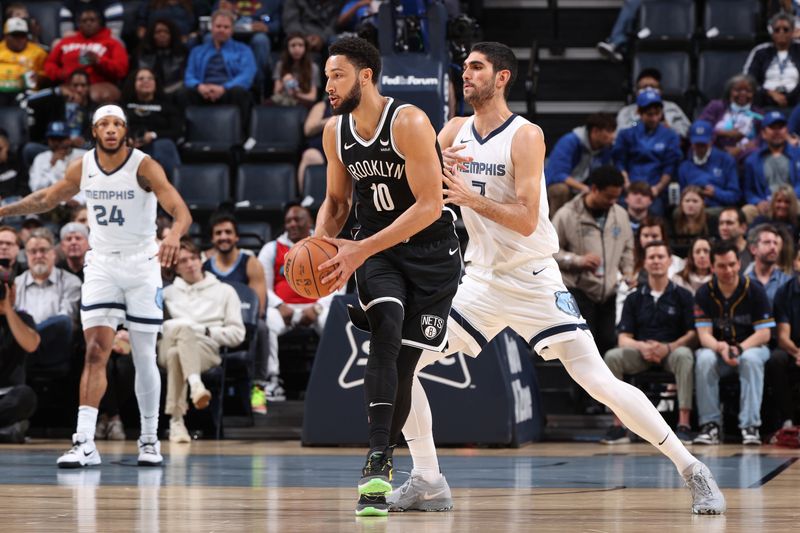 MEMPHIS, TN - February 26:  Ben Simmons #10 of the Brooklyn Nets handles the ball during the game against the Memphis Grizzlies on February 26, 2024 at FedExForum in Memphis, Tennessee. NOTE TO USER: User expressly acknowledges and agrees that, by downloading and or using this photograph, User is consenting to the terms and conditions of the Getty Images License Agreement. Mandatory Copyright Notice: Copyright 2024 NBAE (Photo by Joe Murphy/NBAE via Getty Images)