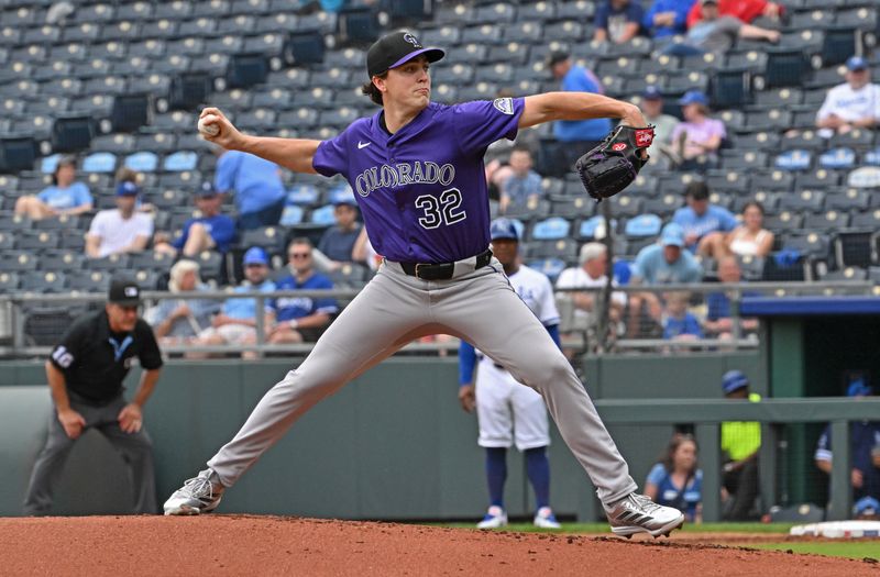 Apr 24, 2025; Kansas City, Missouri, USA;  Colorado Rockies starting pitcher Chase Dollander (32) throws a pitch in the first inning against the Kansas City Royals at Kauffman Stadium. Mandatory Credit: Peter Aiken-Imagn Images