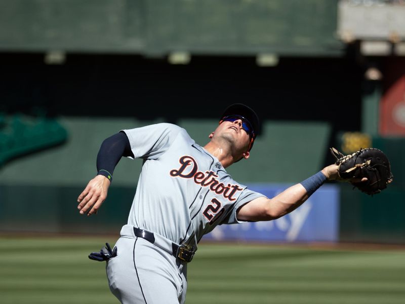 Sep 8, 2024; Oakland, California, USA; Detroit Tigers first baseman Spencer Torkelson (20) catches a foul popup by Oakland Athletics third baseman Max Schuemann during the fifth inning at Oakland-Alameda County Coliseum. Mandatory Credit: D. Ross Cameron-Imagn Images