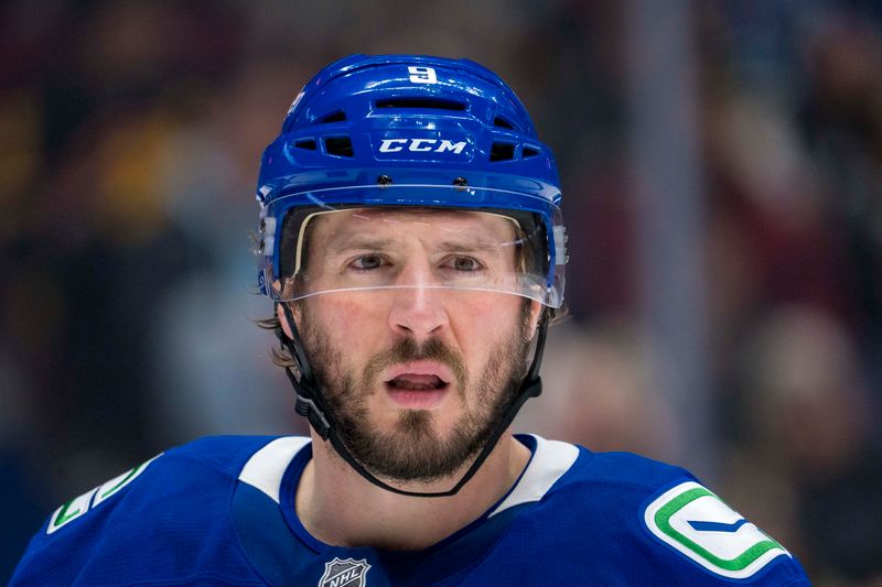 Jan 3, 2025; Vancouver, British Columbia, CAN; Vancouver Canucks forward J.T. Miller (9) during the second period against the Nashville Predators at Rogers Arena. Mandatory Credit: Bob Frid-Imagn Images