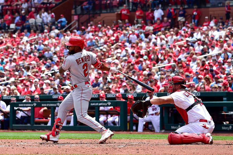 May 4, 2023; St. Louis, Missouri, USA;  Los Angeles Angels second baseman Luis Rengifo (2) hits a oner un sacrifice fly against the St. Louis Cardinals during the third inning at Busch Stadium. Mandatory Credit: Jeff Curry-USA TODAY Sports