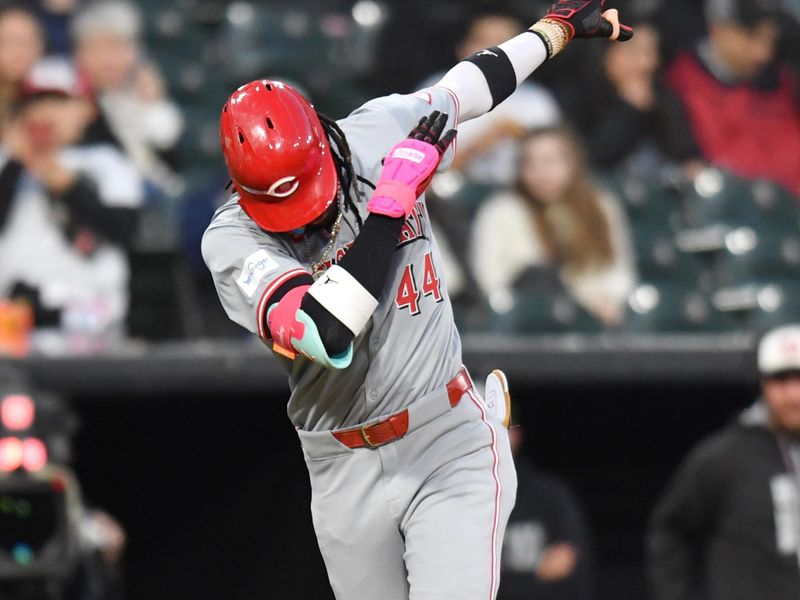 Apr 12, 2024; Chicago, Illinois, USA; Cincinnati Reds shortstop Elly De La Cruz (44) celebrates his three-run home run during the third inning against Chicago White Sox at Guaranteed Rate Field. Mandatory Credit: Patrick Gorski-USA TODAY Sports