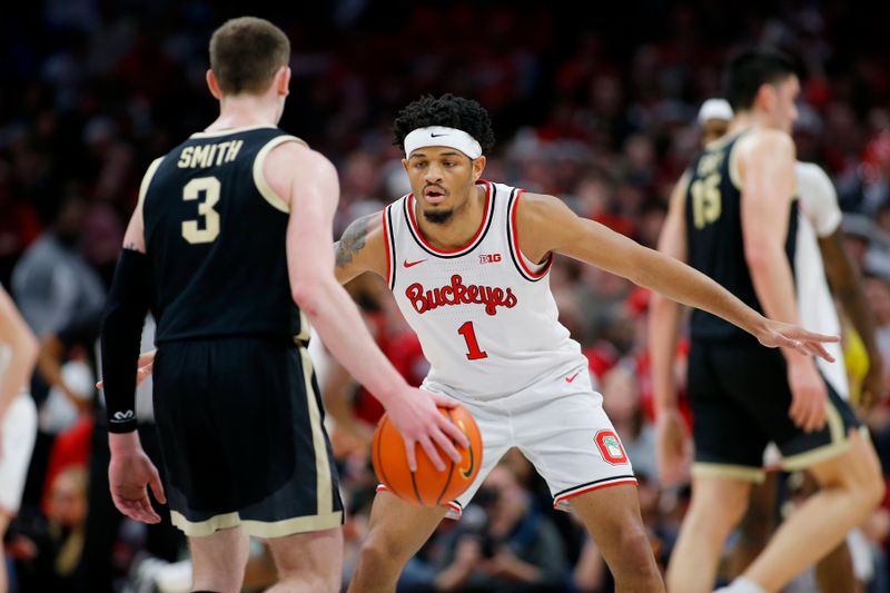 Feb 18, 2024; Columbus, Ohio, USA;  Ohio State Buckeyes guard Roddy Gayle Jr. (1) defends Purdue Boilermakers guard Braden Smith (3) during the second half at Value City Arena. Mandatory Credit: Joseph Maiorana-USA TODAY Sports