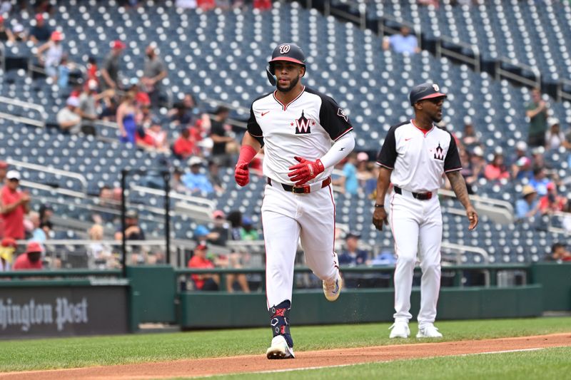 Aug 4, 2024; Washington, District of Columbia, USA; Washington Nationals second baseman Luis Garcia Jr. (2) jogs to home plate after hitting a home run against the Milwaukee Brewers during the first inning at Nationals Park. Mandatory Credit: Rafael Suanes-USA TODAY Sports