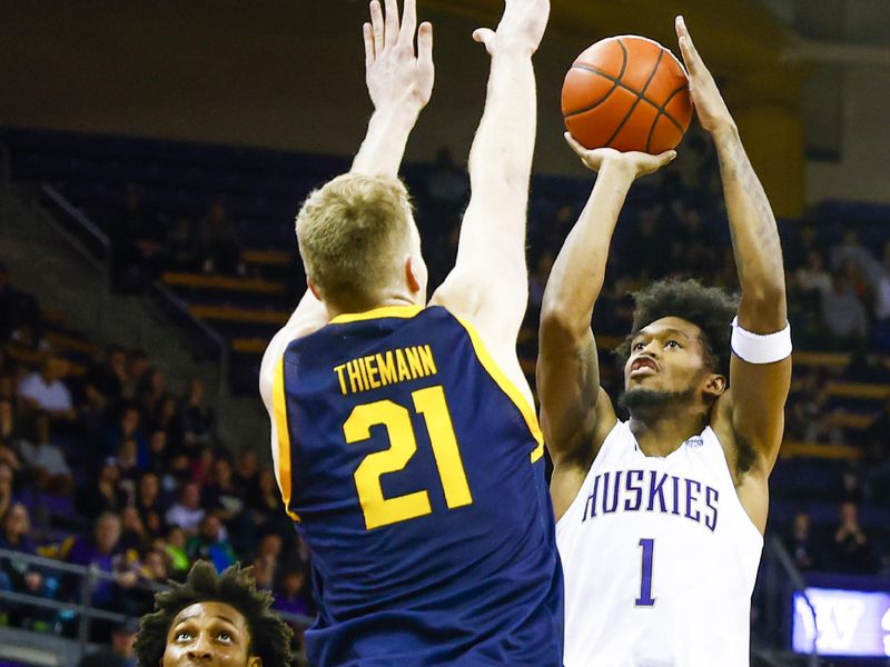 Jan 14, 2023; Seattle, Washington, USA; Washington Huskies forward Keion Brooks (1) shoots against California Golden Bears forward Lars Thiemann (21) as forward Grant Newell (14) follows the play at left during the second half at Alaska Airlines Arena at Hec Edmundson Pavilion. Mandatory Credit: Joe Nicholson-USA TODAY Sports