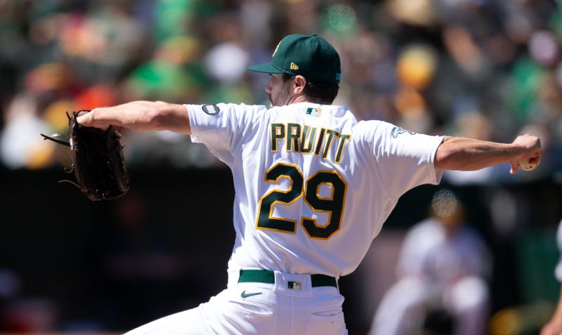 Jun 18, 2023; Oakland, California, USA; Oakland Athletics pitcher Austin Pruitt (29) delivers a pitch against the Philadelphia Phillies during the ninth inning at Oakland-Alameda County Coliseum. Mandatory Credit: D. Ross Cameron-USA TODAY Sports