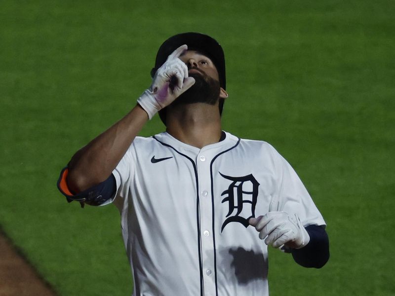 Jun 12, 2024; Detroit, Michigan, USA;  Detroit Tigers left fielder Riley Greene (31) celebrates after he hits a home run in the ninth inning against the Washington Nationals at Comerica Park. Mandatory Credit: Rick Osentoski-USA TODAY Sports