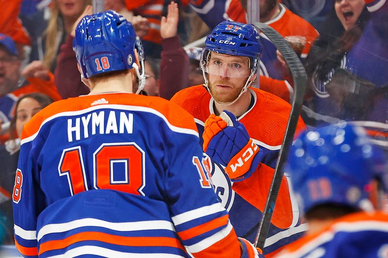 Apr 15, 2024; Edmonton, Alberta, CAN; The Edmonton Oilers celebrate a goal scored by forward Connor McDavid (97) during the first period against the San Jose Sharks at Rogers Place. Mandatory Credit: Perry Nelson-USA TODAY Sports