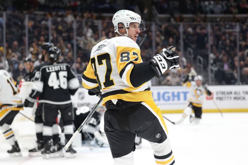 Nov 9, 2023; Los Angeles, California, USA; Pittsburgh Penguins center Sidney Crosby (87) celebrates after scoring a goal in the first period at Crypto.com Arena. Mandatory Credit: Yannick Peterhans-USA TODAY Sports