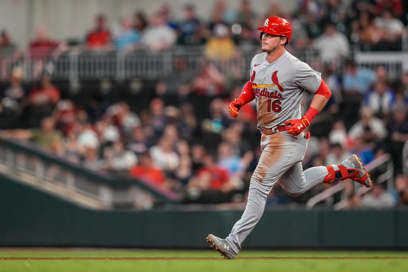 Sep 6, 2023; Cumberland, Georgia, USA; St. Louis Cardinals second baseman Nolan Gorman (16) runs the bases after hitting a three run home run against the Atlanta Braves during the eighth inning at Truist Park. Mandatory Credit: Dale Zanine-USA TODAY Sports