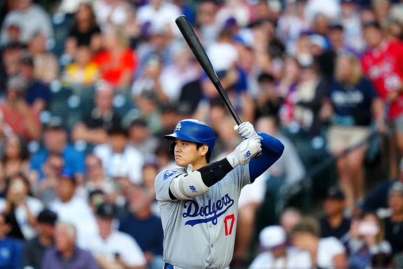 Jun 19, 2024; Denver, Colorado, USA; Los Angeles Dodgers two-way player Shohei Ohtani (17) at the plate in the fourth inning against the Colorado Rockies at Coors Field. Mandatory Credit: Ron Chenoy-USA TODAY Sports