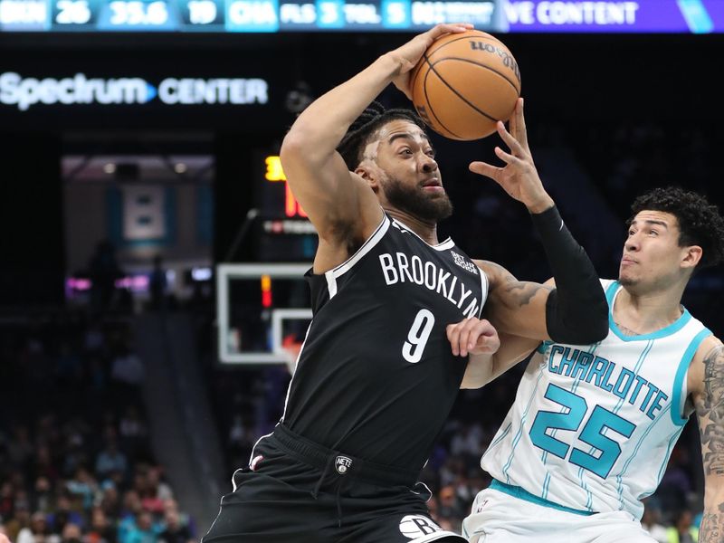 CHARLOTTE, NC - JANUARY 29:  Trendon Watford #9 of the Brooklyn Nets drives to the basket during the game against the Charlotte Hornets  on January 29, 2025 at Spectrum Center in Charlotte, North Carolina. NOTE TO USER: User expressly acknowledges and agrees that, by downloading and or using this photograph, User is consenting to the terms and conditions of the Getty Images License Agreement. Mandatory Copyright Notice: Copyright 2025 NBAE (Photo by Brock Williams-Smith/NBAE via Getty Images)