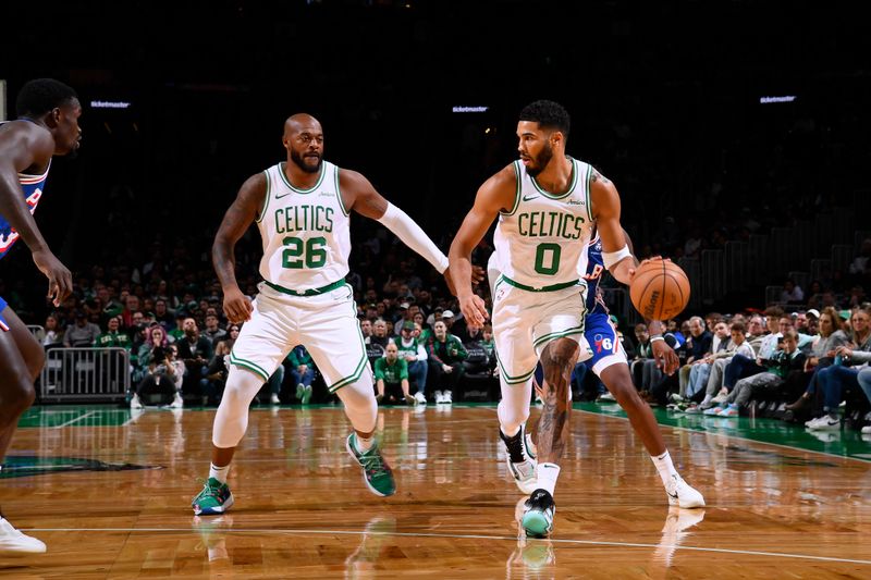 BOSTON, MA - OCTOBER 12: Jayson Tatum #0 of the Boston Celtics handles the ball during the game against the Philadelphia 76ers during a NBA Preseason game on October 12, 2024 at TD Garden in Boston, Massachusetts. NOTE TO USER: User expressly acknowledges and agrees that, by downloading and/or using this Photograph, user is consenting to the terms and conditions of the Getty Images License Agreement. Mandatory Copyright Notice: Copyright 2024 NBAE (Photo by Brian Babineau/NBAE via Getty Images)