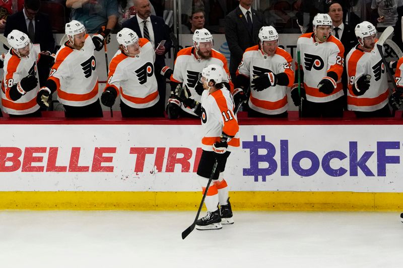 Apr 13, 2023; Chicago, Illinois, USA; Philadelphia Flyers right wing Travis Konecny (11) celebrates his goal against the Chicago Blackhawks during the first period at United Center. Mandatory Credit: David Banks-USA TODAY Sports