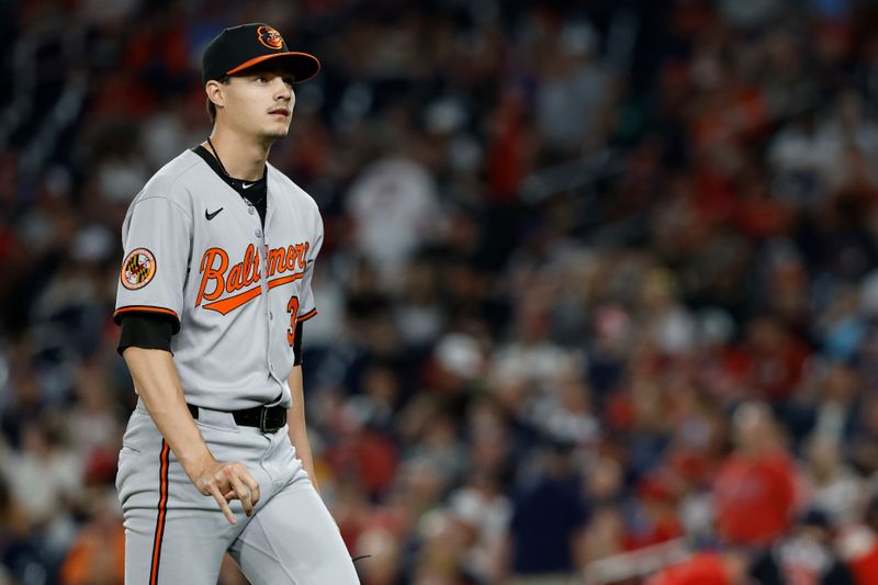 Apr 24, 2025; Washington, District of Columbia, USA; Baltimore Orioles pitcher Cade Povich (37) leaves the game against the Washington Nationals during the seventh inning at Nationals Park. Mandatory Credit: Geoff Burke-Imagn Images