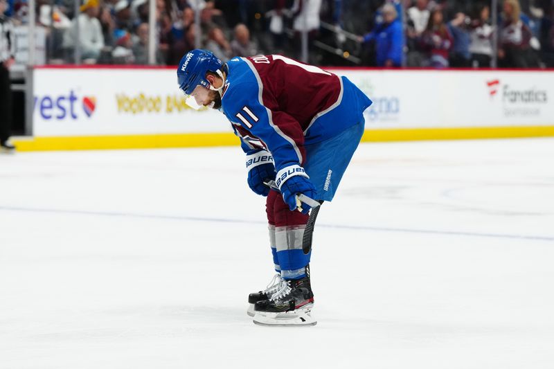 May 17, 2024; Denver, Colorado, USA; Colorado Avalanche center Andrew Cogliano (11) following the double overtime period loss against the Dallas Stars in game six of the second round of the 2024 Stanley Cup Playoffs at Ball Arena. Mandatory Credit: Ron Chenoy-USA TODAY Sports