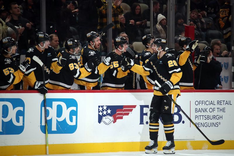 Dec 3, 2024; Pittsburgh, Pennsylvania, USA;  Pittsburgh Penguins defenseman Marcus Pettersson (28) celebrates with the bench after scoring a goal against the Florida Panthers during the third period at PPG Paints Arena. Mandatory Credit: Charles LeClaire-Imagn Images