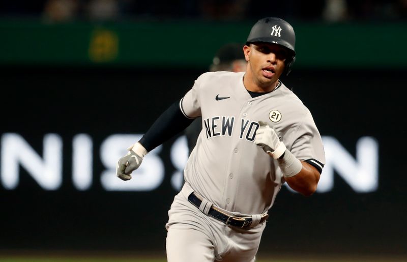 Sep 15, 2023; Pittsburgh, Pennsylvania, USA;  New York Yankees third baseman Oswald Peraza (91) runs from first base to third base against the Pittsburgh Pirates during the ninth inning at PNC Park. New York won 7-5. Mandatory Credit: Charles LeClaire-USA TODAY Sports