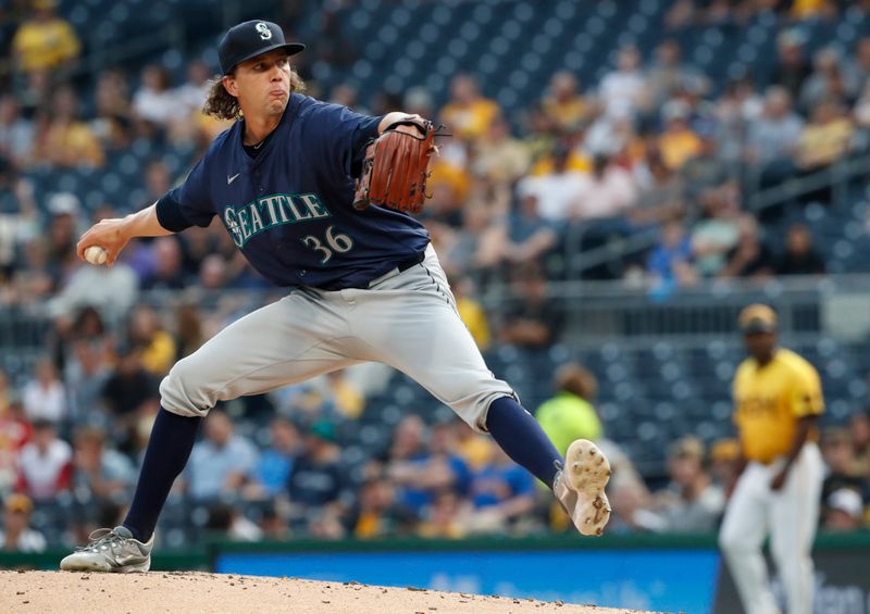 Aug 16, 2024; Pittsburgh, Pennsylvania, USA;  Seattle Mariners starting pitcher Logan Gilbert (36) delivers a pitch against the Pittsburgh Pirates during the first inning at PNC Park. Mandatory Credit: Charles LeClaire-USA TODAY Sports