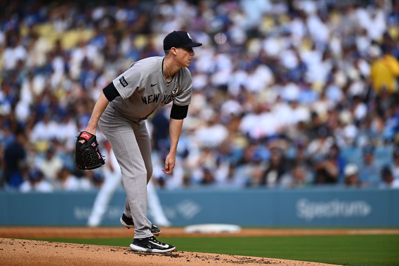 Jun 1, 2025; Los Angeles, California, USA;  New York Yankees relief pitcher Ryan Yarbrough (33) throws a pitch against the Los Angeles Dodgers during the first inning at Dodger Stadium. Mandatory Credit: Jonathan Hui-Imagn Images