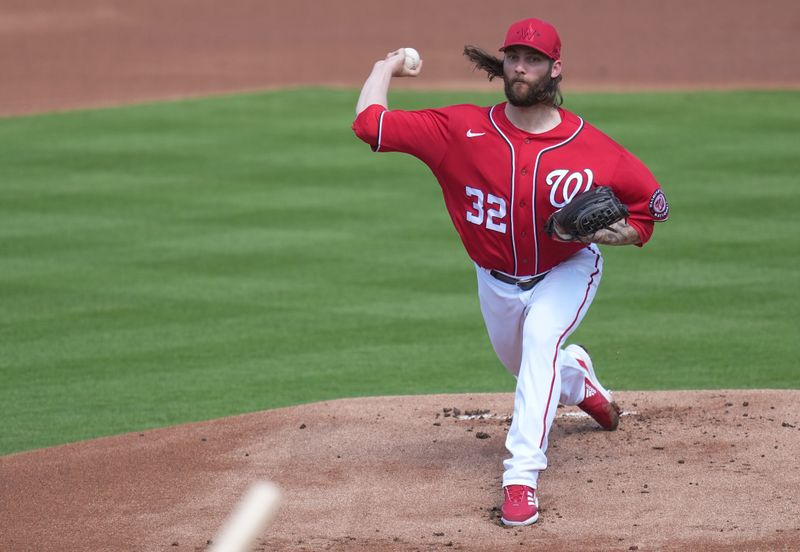 Feb 26, 2023; West Palm Beach, Florida, USA;  Washington Nationals pitcher Trevor Williams (32) pitches against the Astros in the first inning at The Ballpark of the Palm Beaches. Mandatory Credit: Jim Rassol-USA TODAY Sports