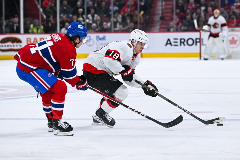 Jan 23, 2024; Montreal, Quebec, CAN; Ottawa Senators center Tim Stutzle (18) plays the puck against Montreal Canadiens center Jake Evans (71) during the third period at Bell Centre. Mandatory Credit: David Kirouac-USA TODAY Sports